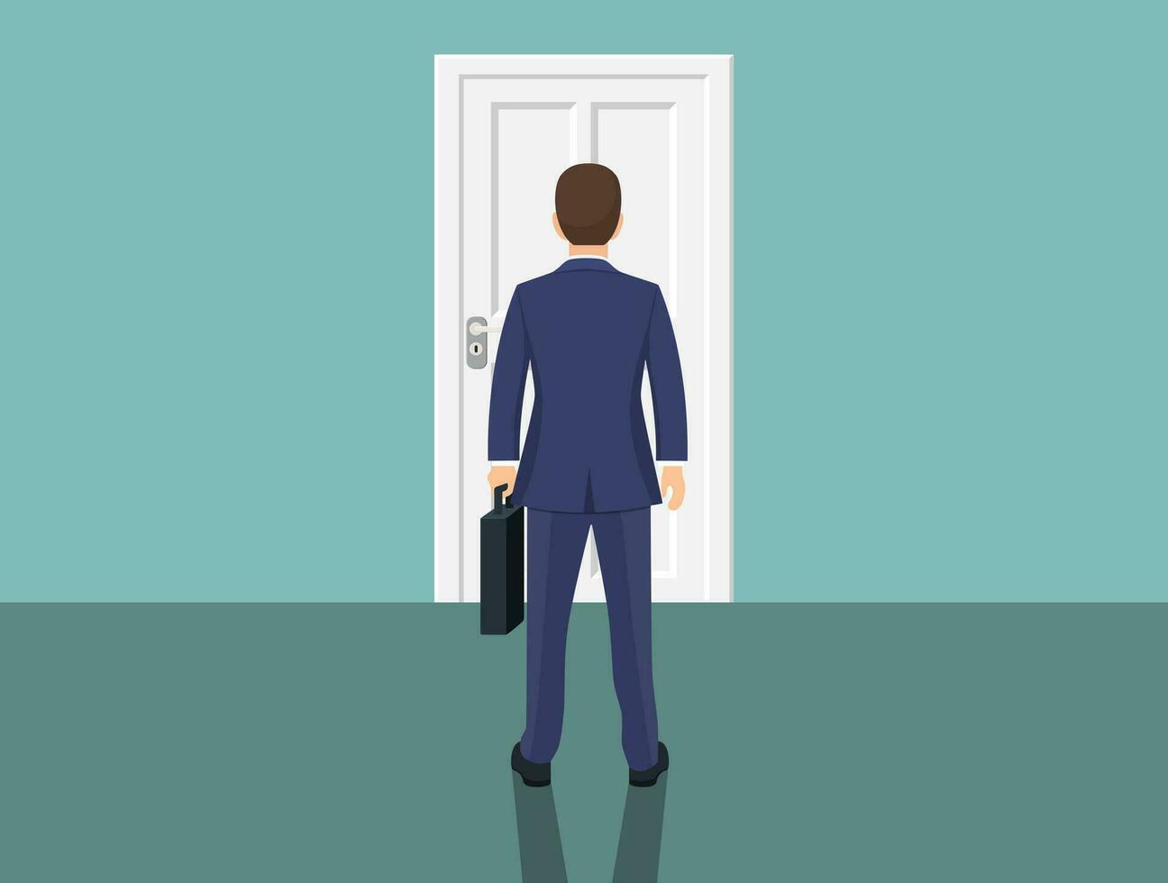 Businessman standing in front closed doors. Choice way concept. Human before choosing. Decide direction. Vector illustration flat style