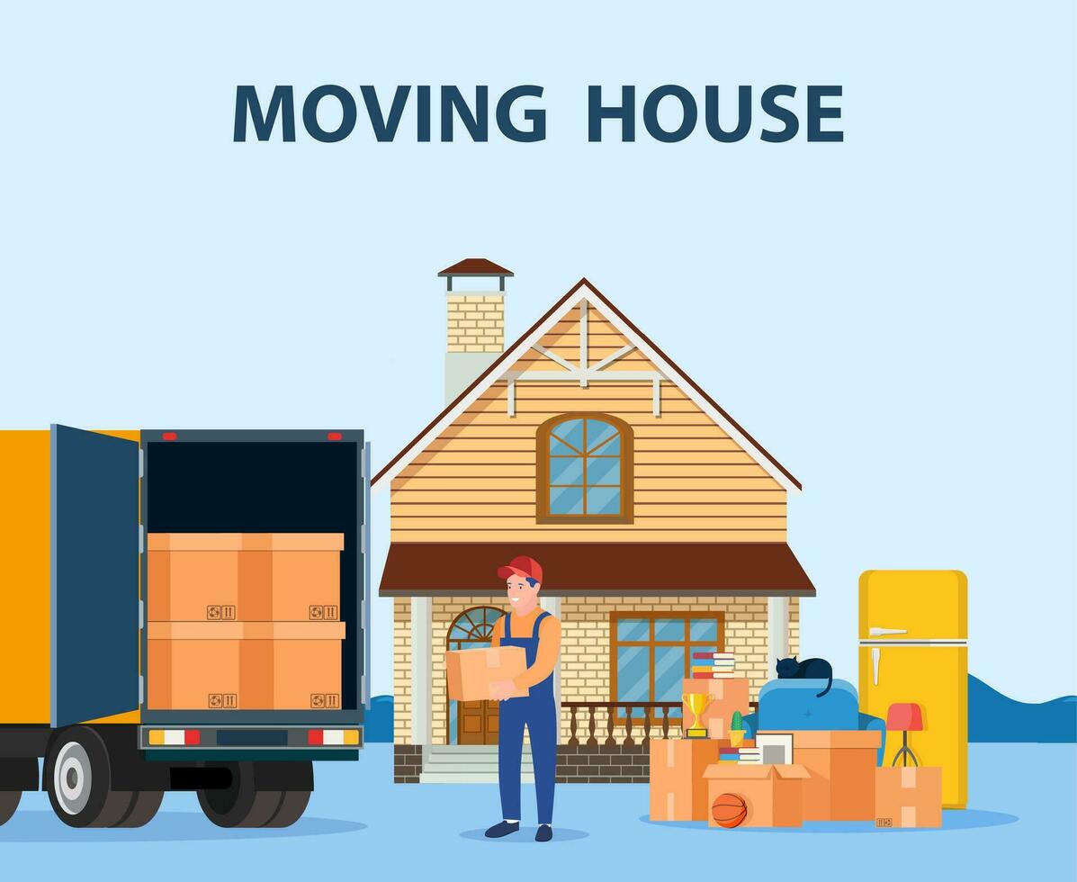 Delivery service concept. moving house. Man with cardboard boxes. Truck for transportation of goods loaded with cardboard boxes. Delivery truck with a bunch of boxes. Vector illustration in flat style