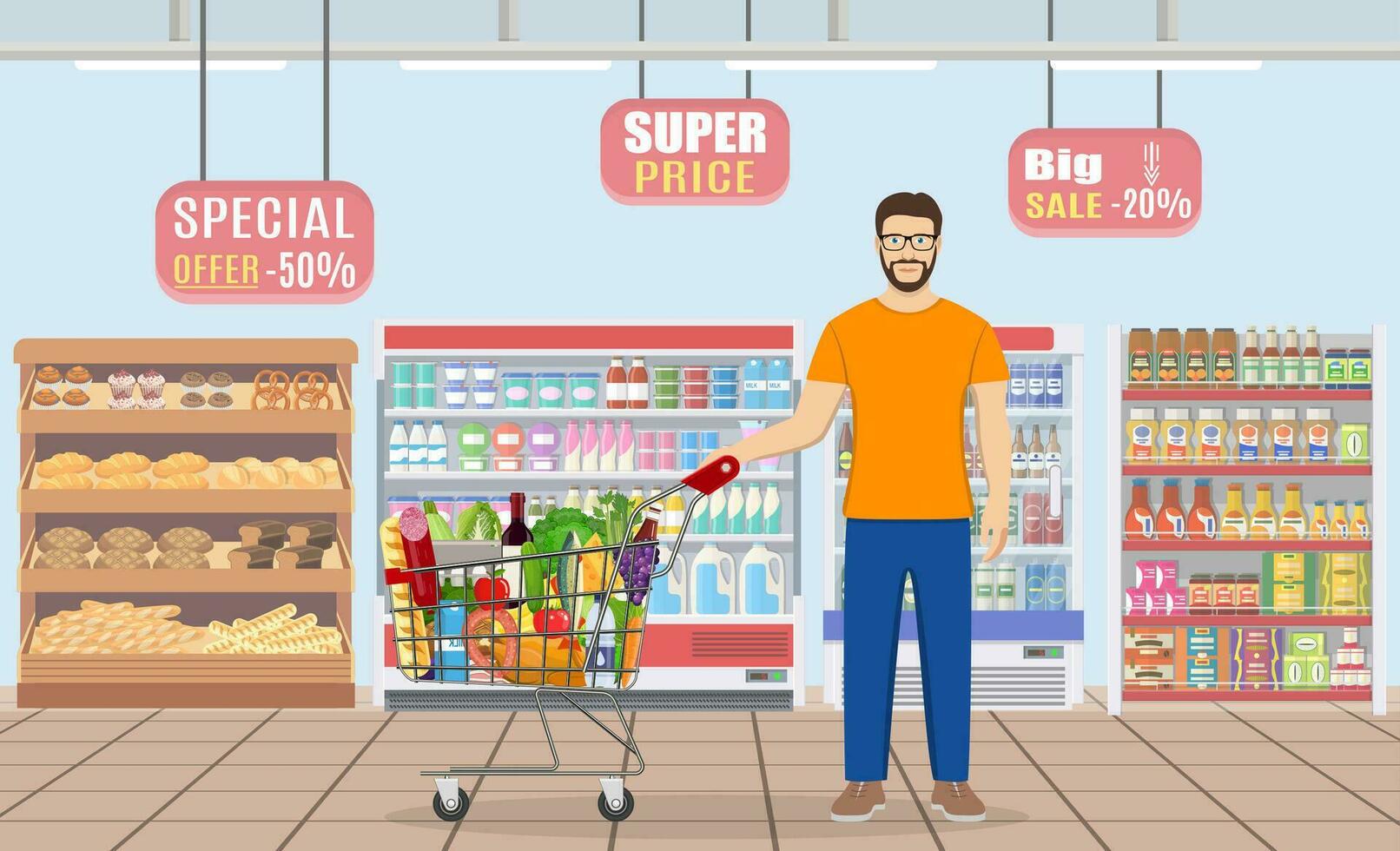 joven hombre emprendedor supermercado compras carro lleno de comestibles. vector ilustración en plano estilo