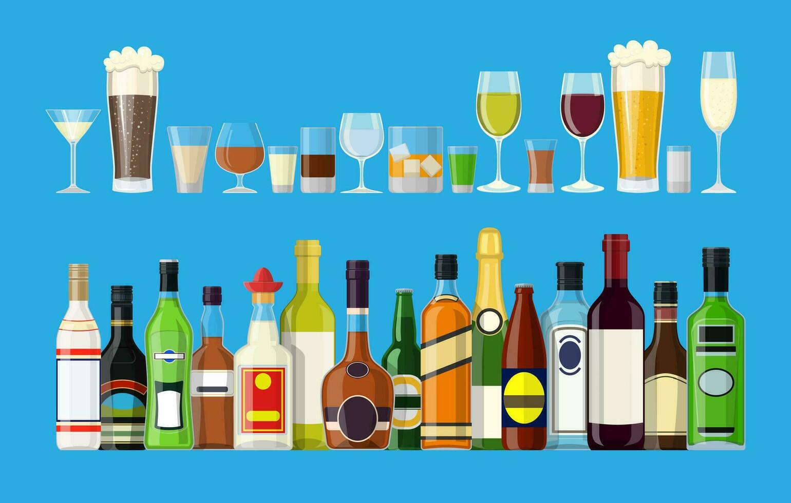 alcohol bebidas recopilación. botellas con lentes. vodka champán vino whisky cerveza brandy tequila coñac espíritu Vermut Ginebra Ron Ajenjo Borbón. vector ilustración en plano estilo