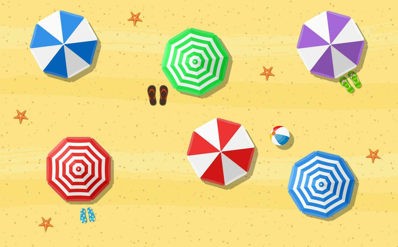 beach sun umbrellas flip-flops and beach Mat on the background of sand with starfish, top view. Vector illustration in flat style