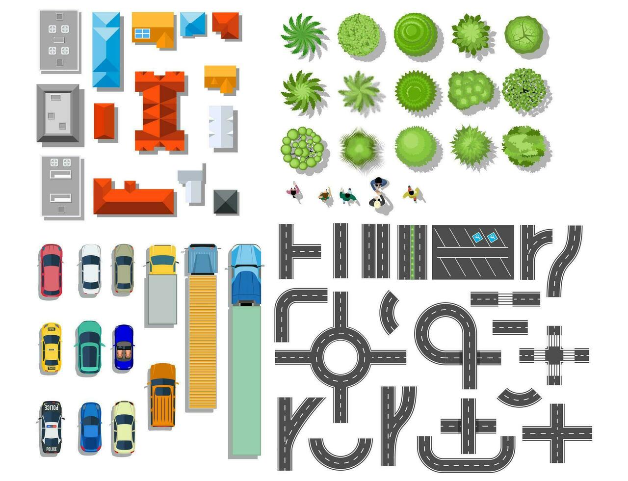 conjunto de paisaje elementos. casas, arquitectónico elementos, plantas. parte superior vista. camino, carros, gente, casas arboles vector ilustración en plano estilo