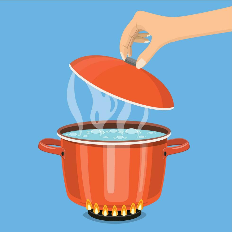 Cocinando maceta en estufa con agua y vapor. vector