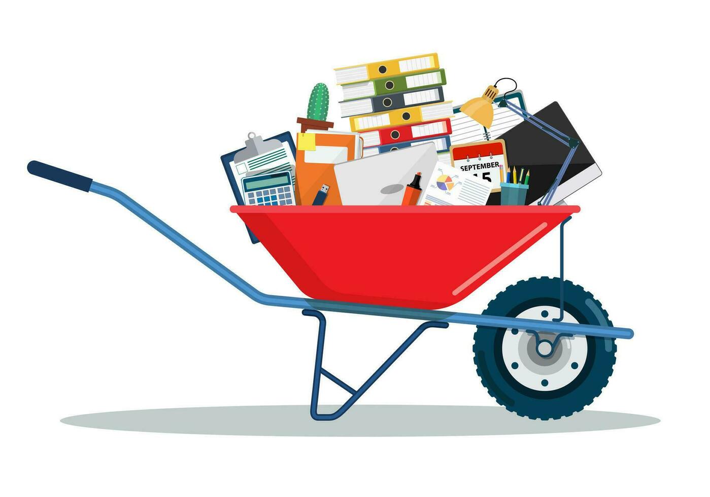 Moving to new office. Wheelbarrow with folder, document paper, contract, calculator, cactus. Vector illustration in flat style