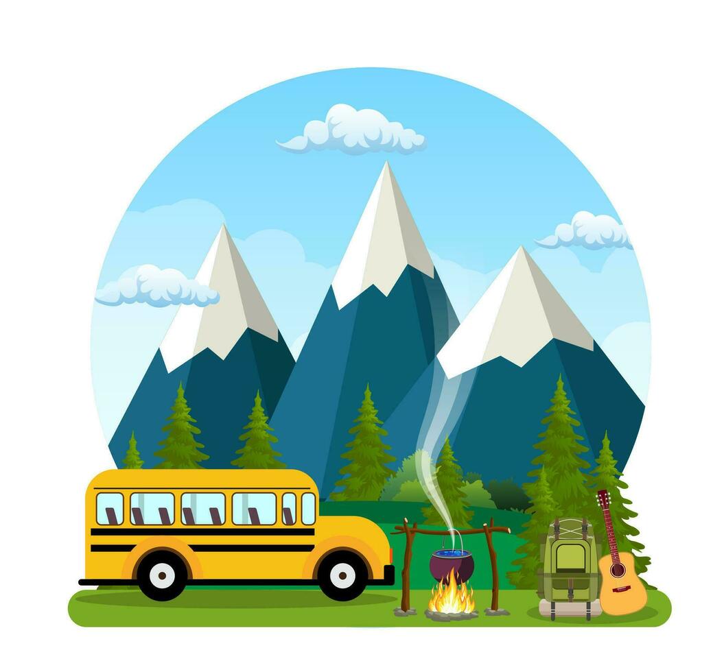 Summer camp. Landscape with school bus, campfire, forest and mountains on the background. Adventures in nature, vacation, and tourism vector illustration.