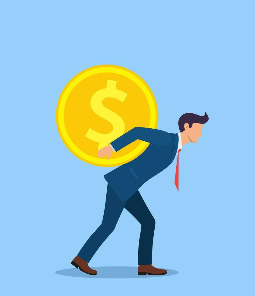 Man carrying golden coin with dollar sign on back, attraction and accumulation of capital concept. cash and investment. Vector illustration in flat style.