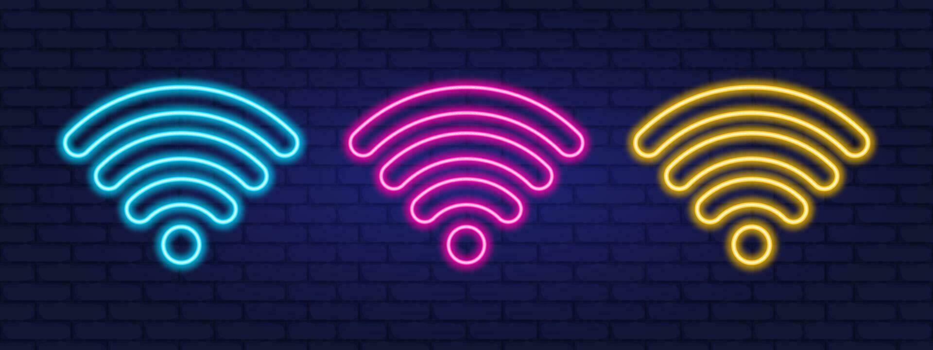 Wifi icons set. Wireless internet signs. Wireless connectivity icons neon style. Vector illustration