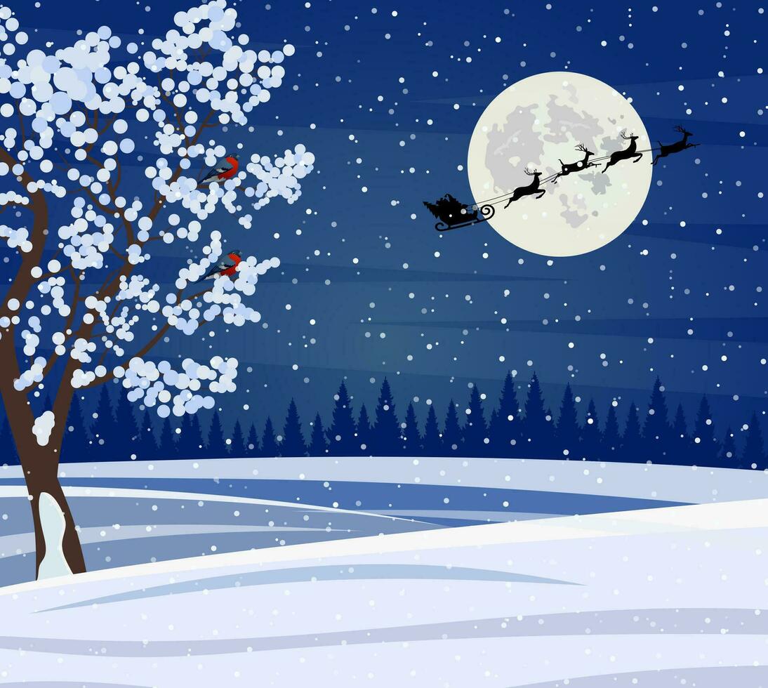 Navidad paisaje a noche. antecedentes con Luna y el silueta de Papa Noel claus volador en un trineo. concepto para saludo o postal tarjeta . vector