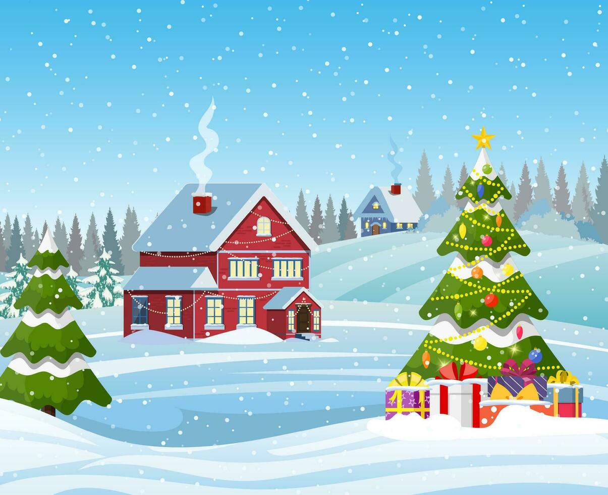 snowy village landscape vector