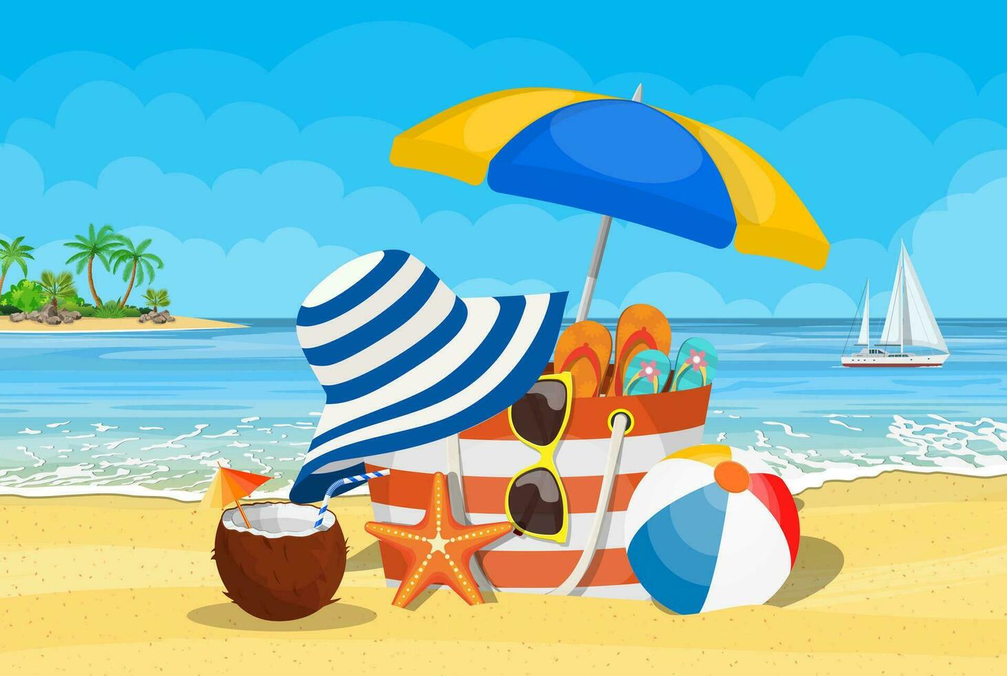 Summer accessories for the beach. Bag, sunglasses, flip flops, starfish, ball, Umbrella . Against the background of the sun the sea and palm trees. Vector illustration in flat style