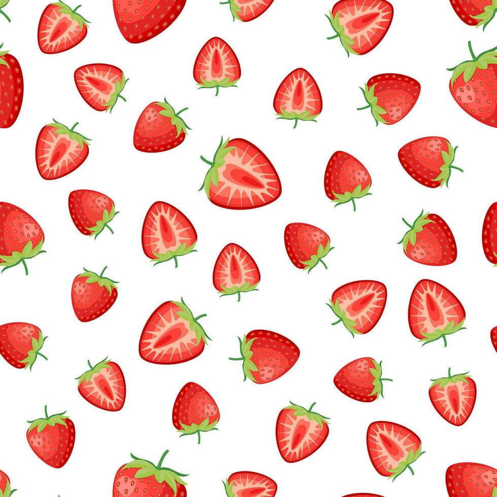 Berries fruit strawberry with leaves seamless pattern for textile prints, cards, design. Vector illustration in flat style