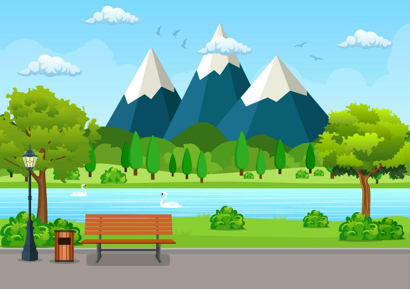 Summer, spring day park. Wooden bench, trash bin and street lamp on an asphalt park trail with lush green trees, bushes, lake and mountains. vector illustration in flat style