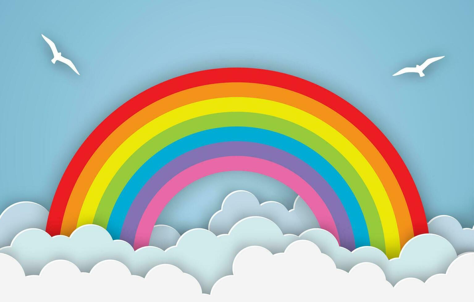 nube y arco iris en el azul cielo con papel Arte estilo el concepto es verano estación. antecedentes para niños dormitorio, bebé habitación decoración. vector ilustración