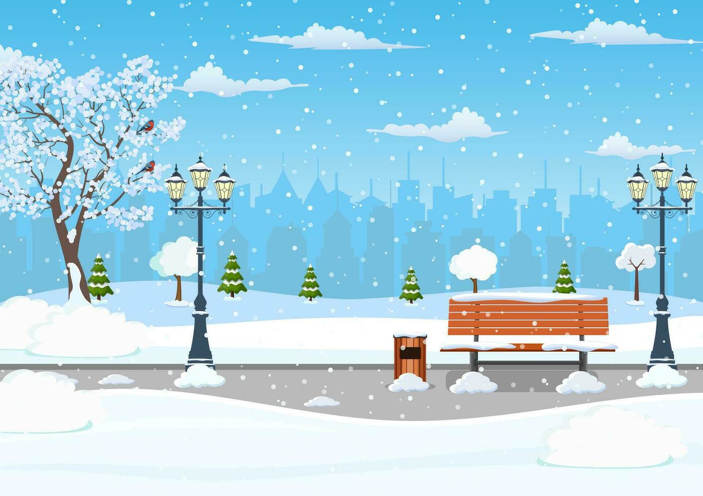 paisaje en invierno ciudad parque. parque banco y arboles y grande moderno ciudad antecedentes. invierno Días festivos concepto. vector ilustración en plano estilo