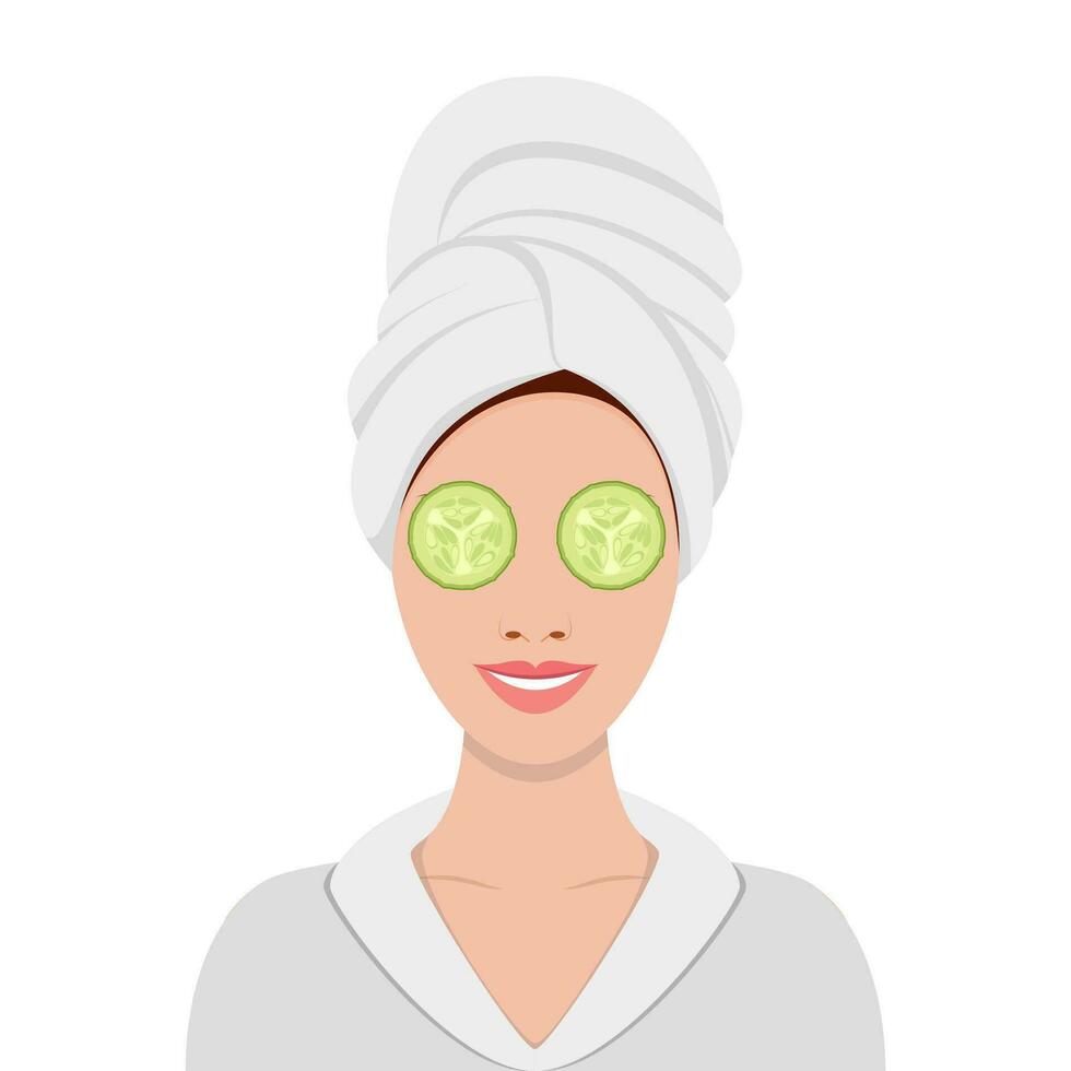 mujer con máscara de Pepino en su ojos. spa belleza y salud concepto. vector ilustración en plano estilo