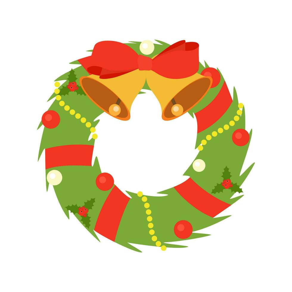 Christmas wreath icon with red bow. isolated on white background for holiday decoration design. Vector illustration in flat style