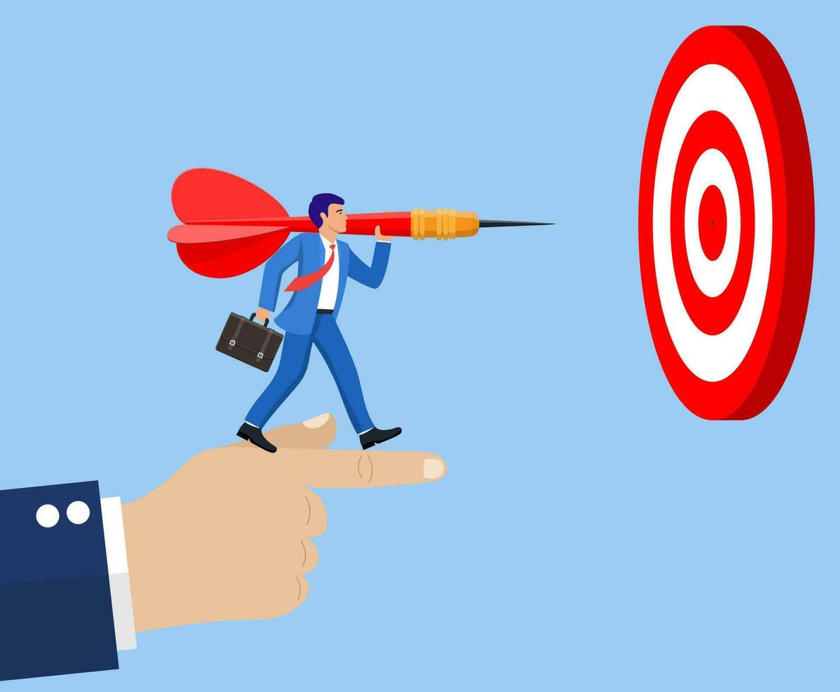 The hand is lifting the businessman to reach his goal. Businessman aim arrow to target. Goal setting. Smart goal. Business target concept. Vector illustration in flat style