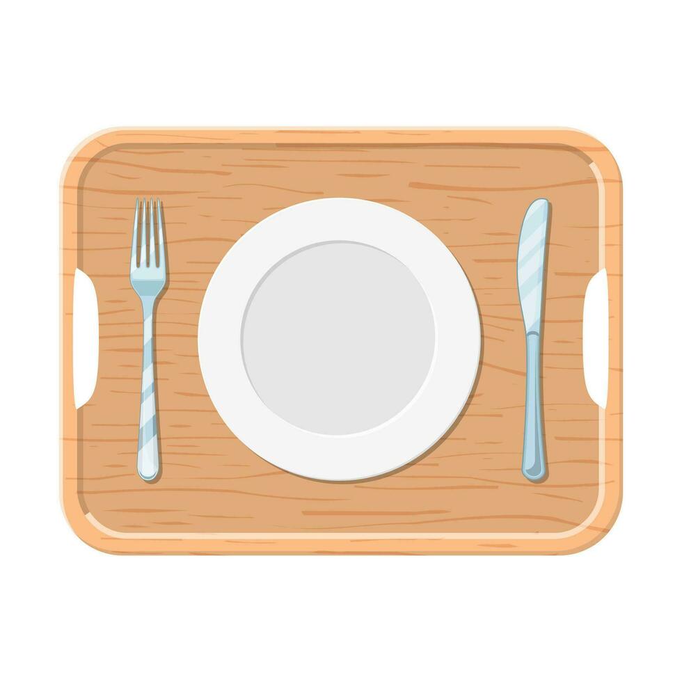 A wooden tray with iron plate knife and fork isolated white, top view. vector illustration in flat style