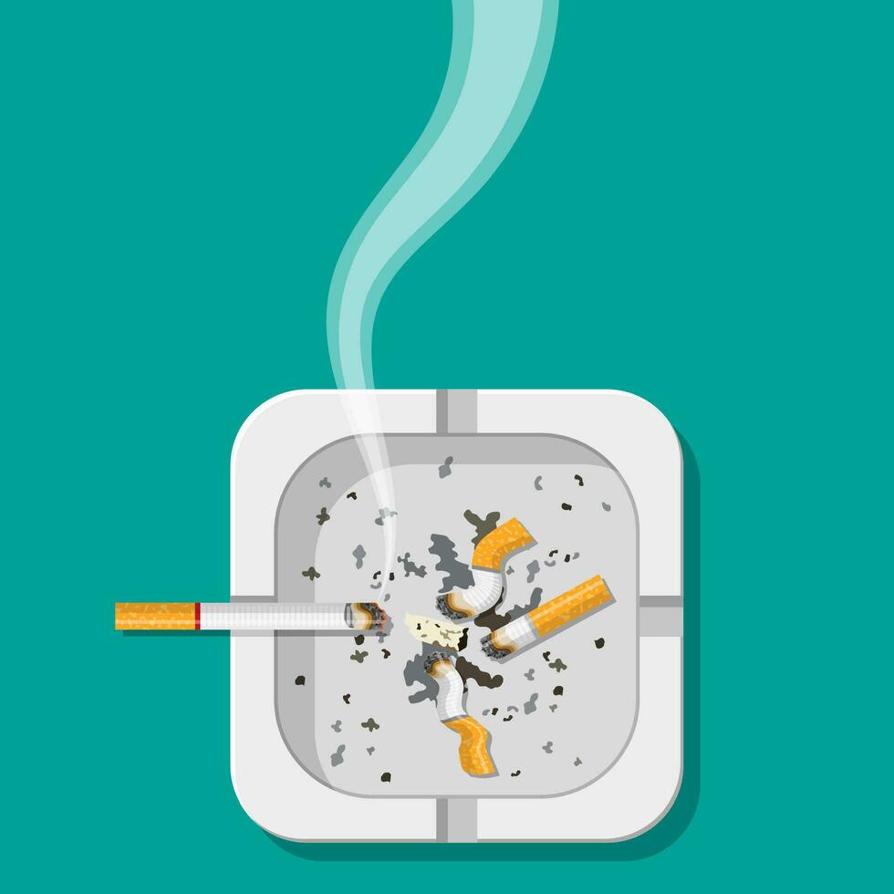 White ceramic ashtray full of smokes cigarettes. vector