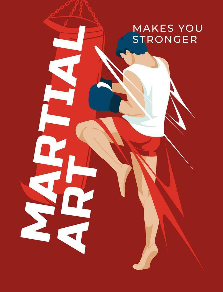 A man practices martial arts near equipment on a red background. Advertising of sports competitions and gyms. Poster design. Vector flat illustration