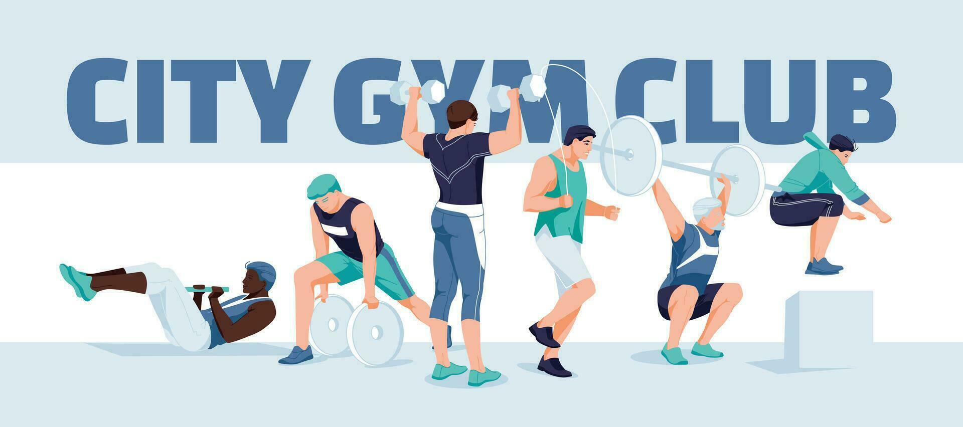 A group of different men doing exercises in the gym. Sport is a healthy lifestyle and gym advertising. Banner design. Vector flat illustration