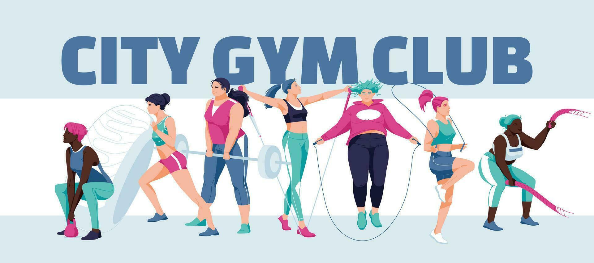 A group of different women doing exercises in the gym. Sport is a healthy lifestyle and gym advertising. Banner design. Vector flat illustration