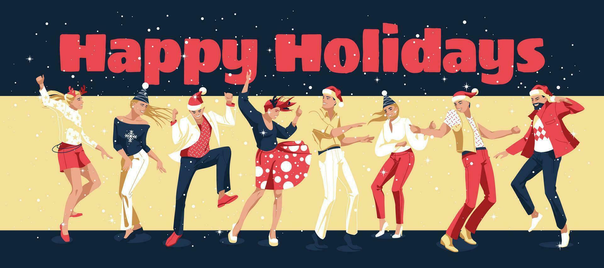 Christmas or New Year party. Group of dancing people celebrating. Horizontal banner. Dark background. Vector flat illustration