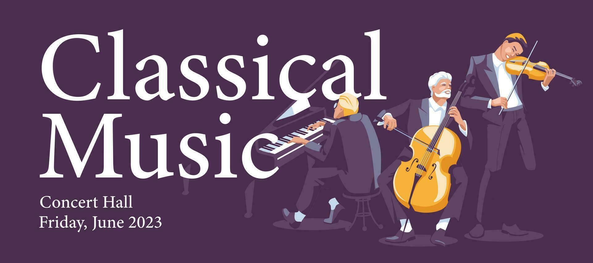 Advertising banner of a classical music concert. Various musicians on large fonts and a dark background. Performance in a night club. Vector flat illustration