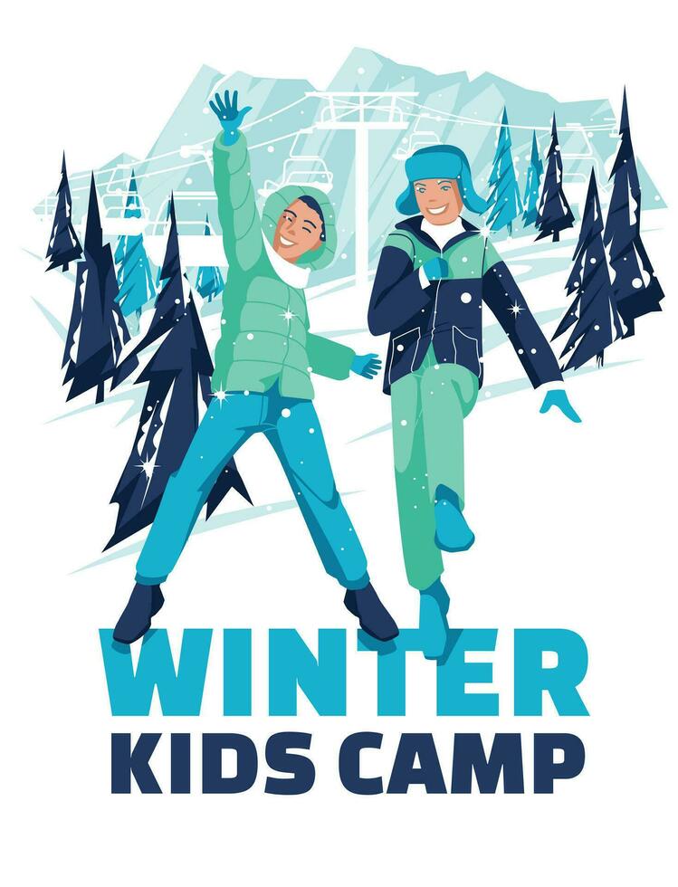 Advertisement of a children's camp of winter activities. Two boys are jumping on the background of a winter ski resort. Vector flat illustration.