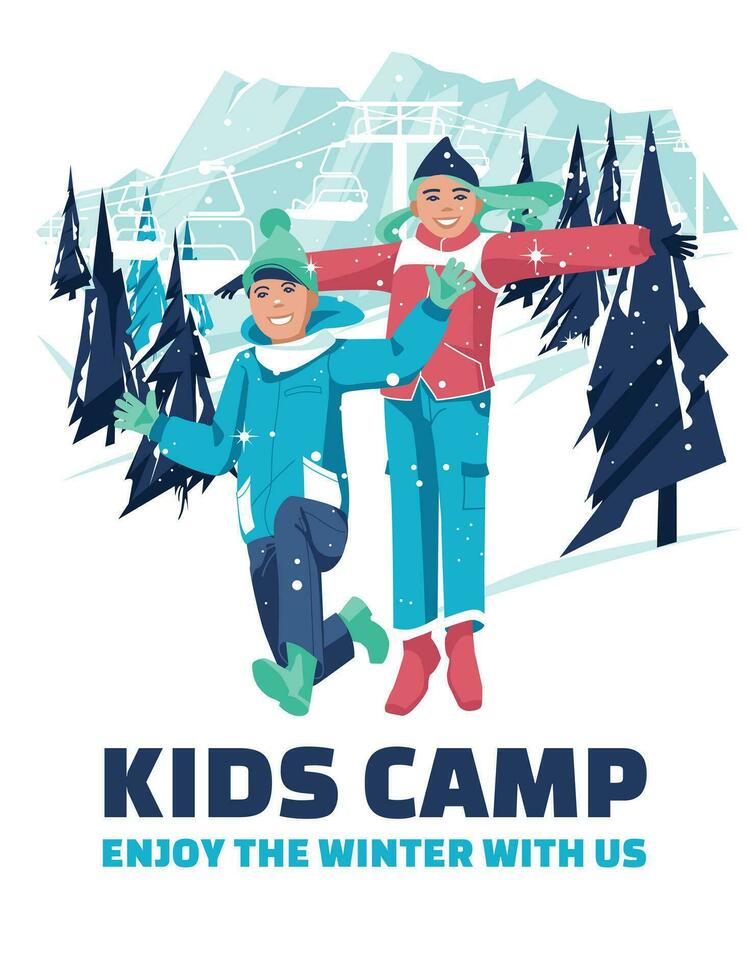 Advertisement of a children's winter camp. A boy and a girl are jumping on the background of a winter ski resort. Vector flat illustration.