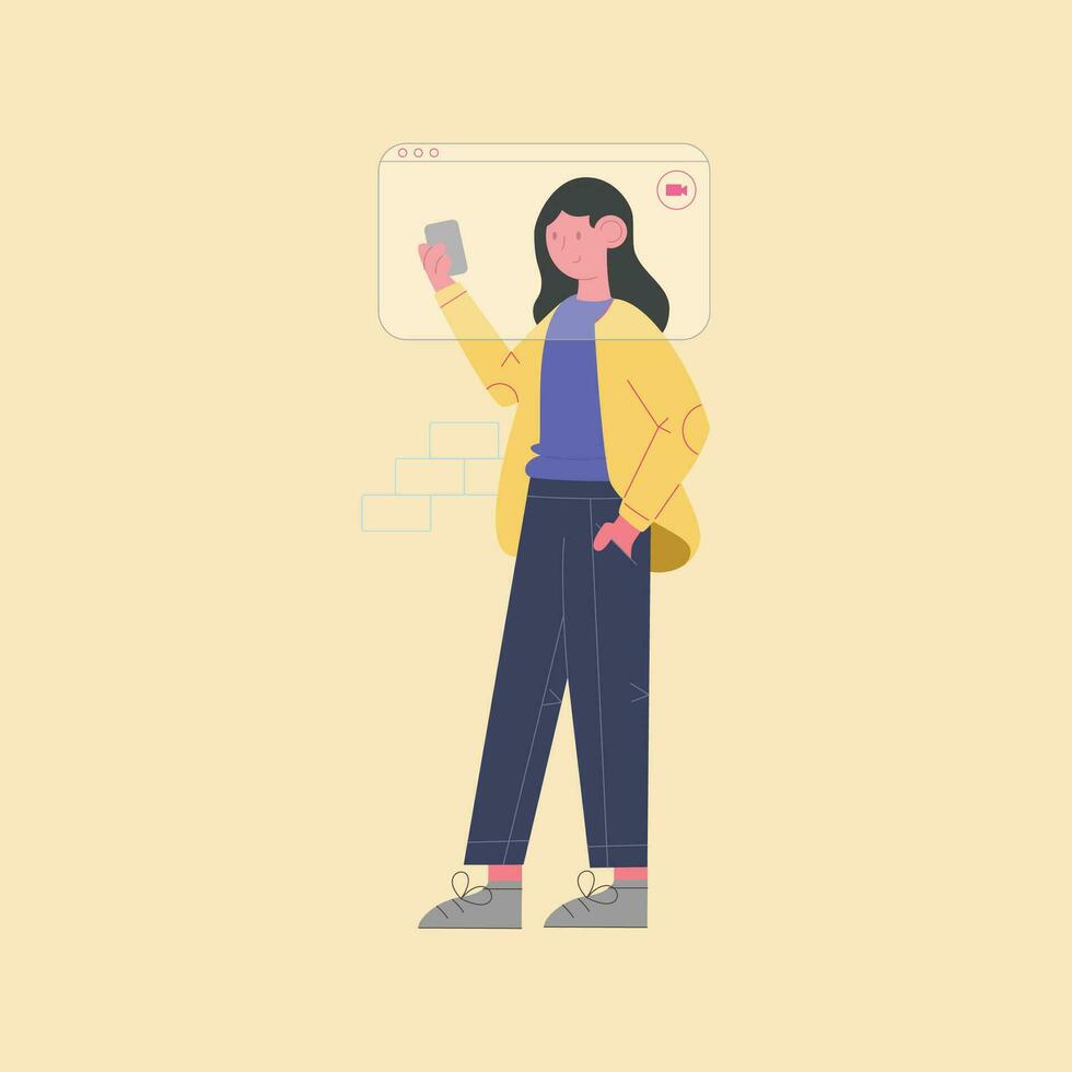 mujer tomando selfie foto en teléfono inteligente vector ilustración en plano estilo.