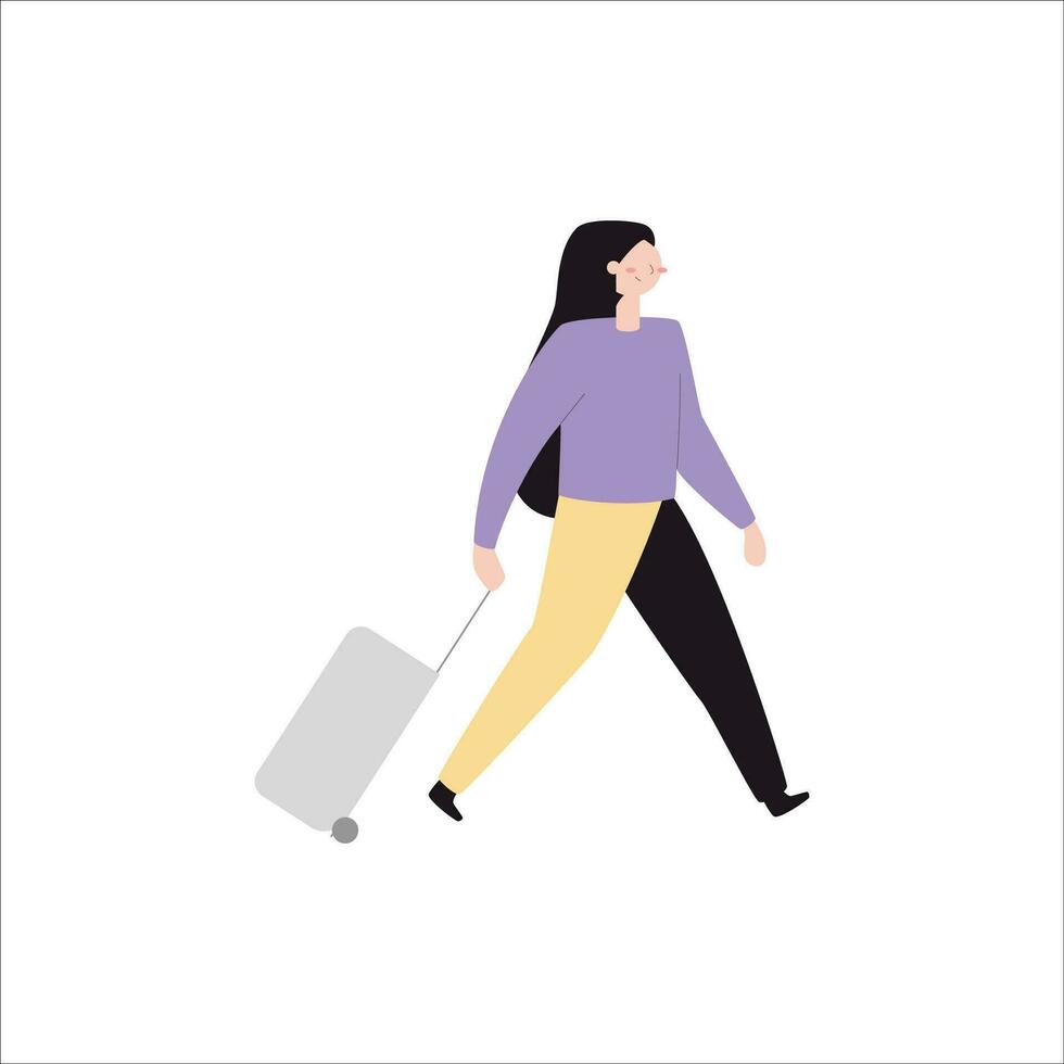 joven mujer caminando con un maleta. vector ilustración en plano estilo.