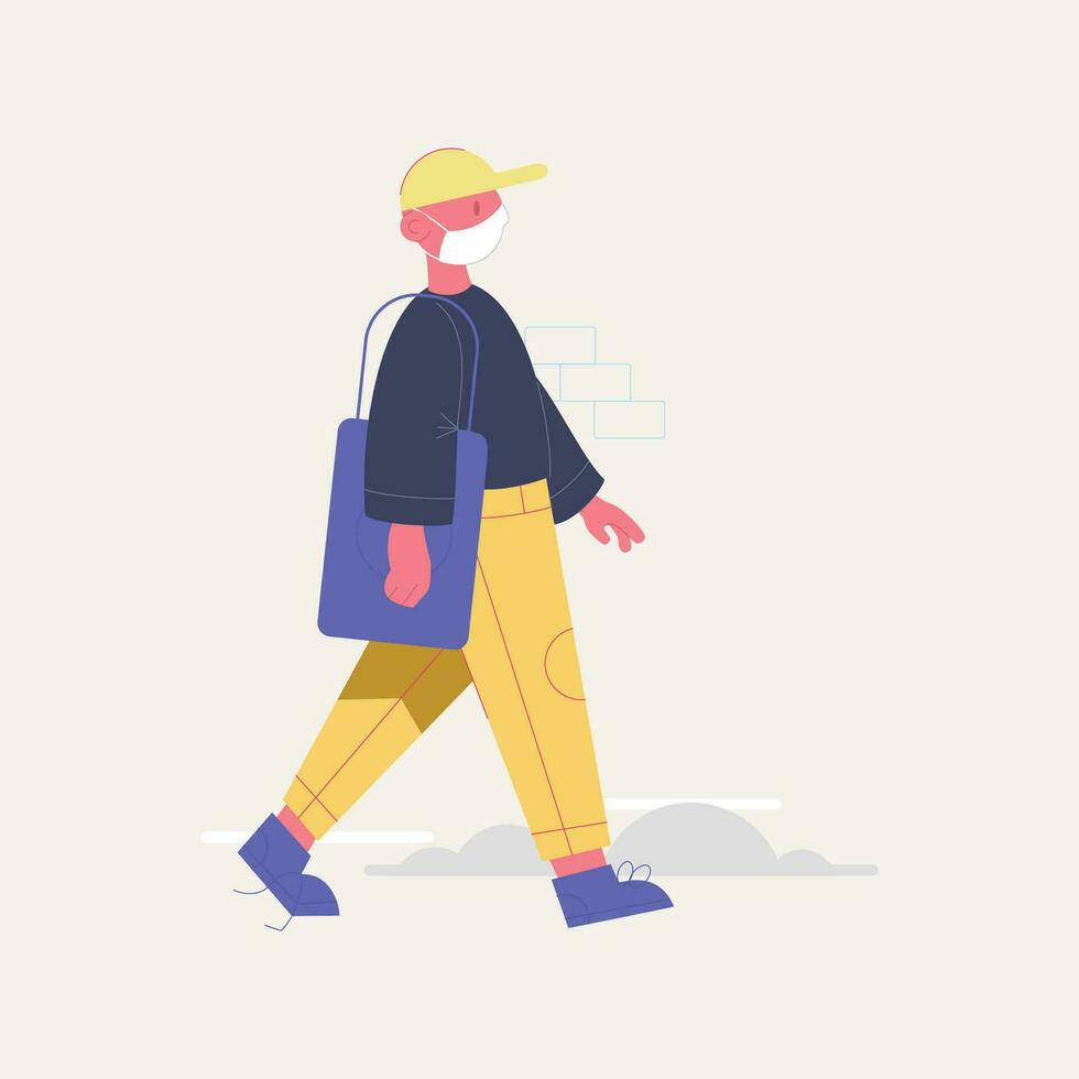 Man in medical mask walking on street. Vector illustration in flat style