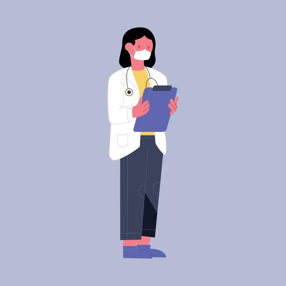 Female doctor with stethoscope and clipboard. Vector illustration in flat style