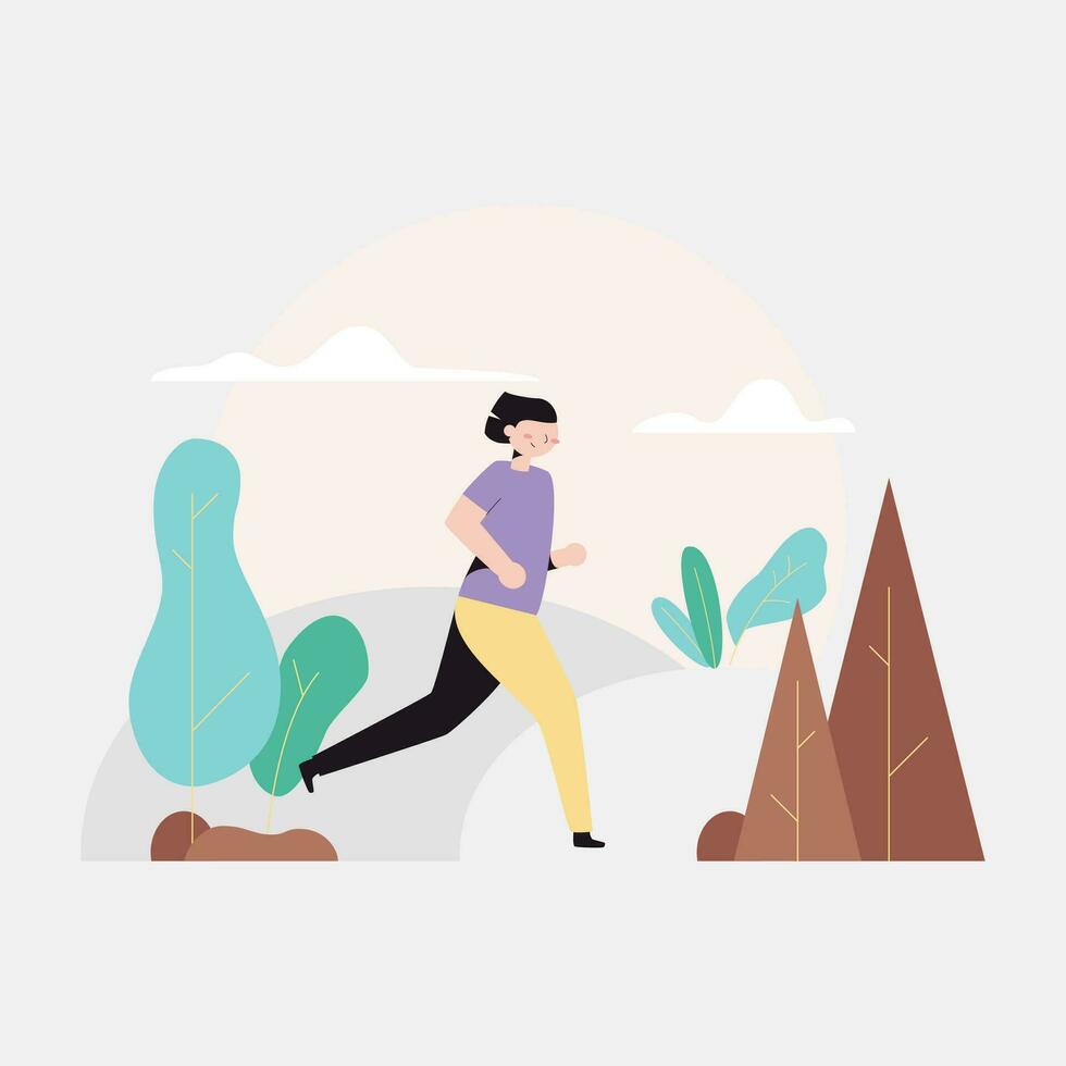 mujer trotar en el parque. vector ilustración en plano estilo.