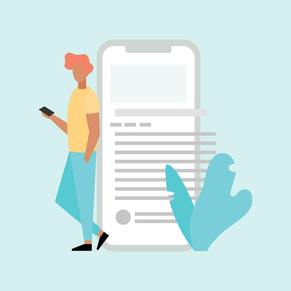 Flat design style vector illustration concept of reading a text on smartphone.