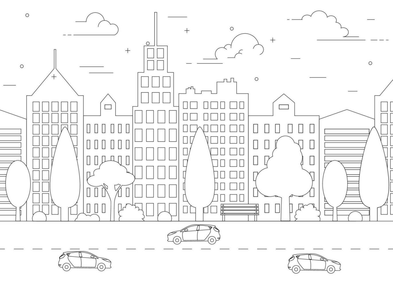 Thin line City landscape. Downtown landscape with high skyscrapers. vector