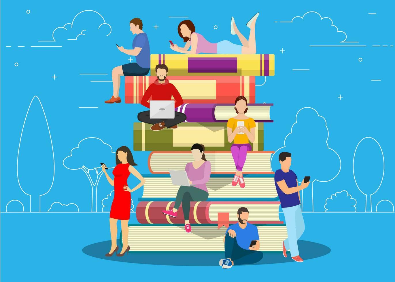 Distance education concept. Knowledge online, e-learning, tutorials. young people using laptop and tablet pc for distance studying and education. Vector illustration in flat style