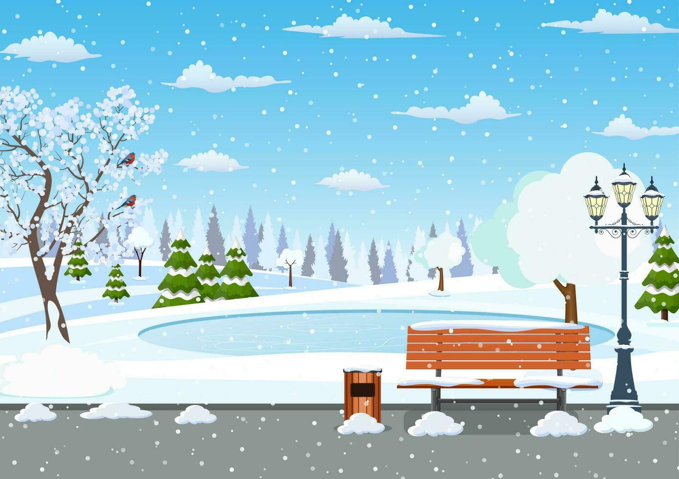 Winter day park scene. Snow covered wooden bench with street lamp and trash can. Christmas landscape background with snow and tree. Merry christmas holiday. Vector illustration in flat style