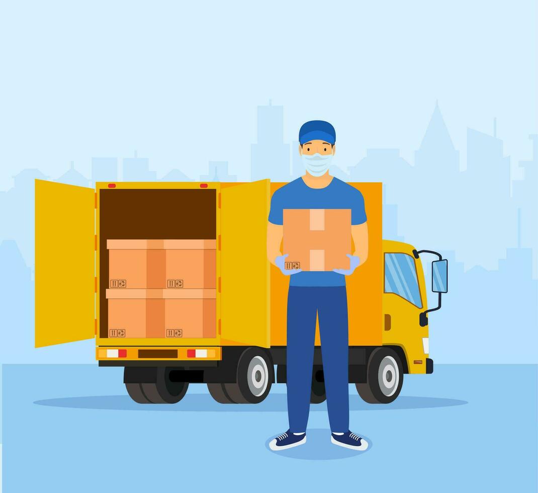 Delivery service concept. Delivery man with medical protective mask on his face holding boxes. Open delivery truck with furnitures and cardboard boxes. Vector illustration in flat style