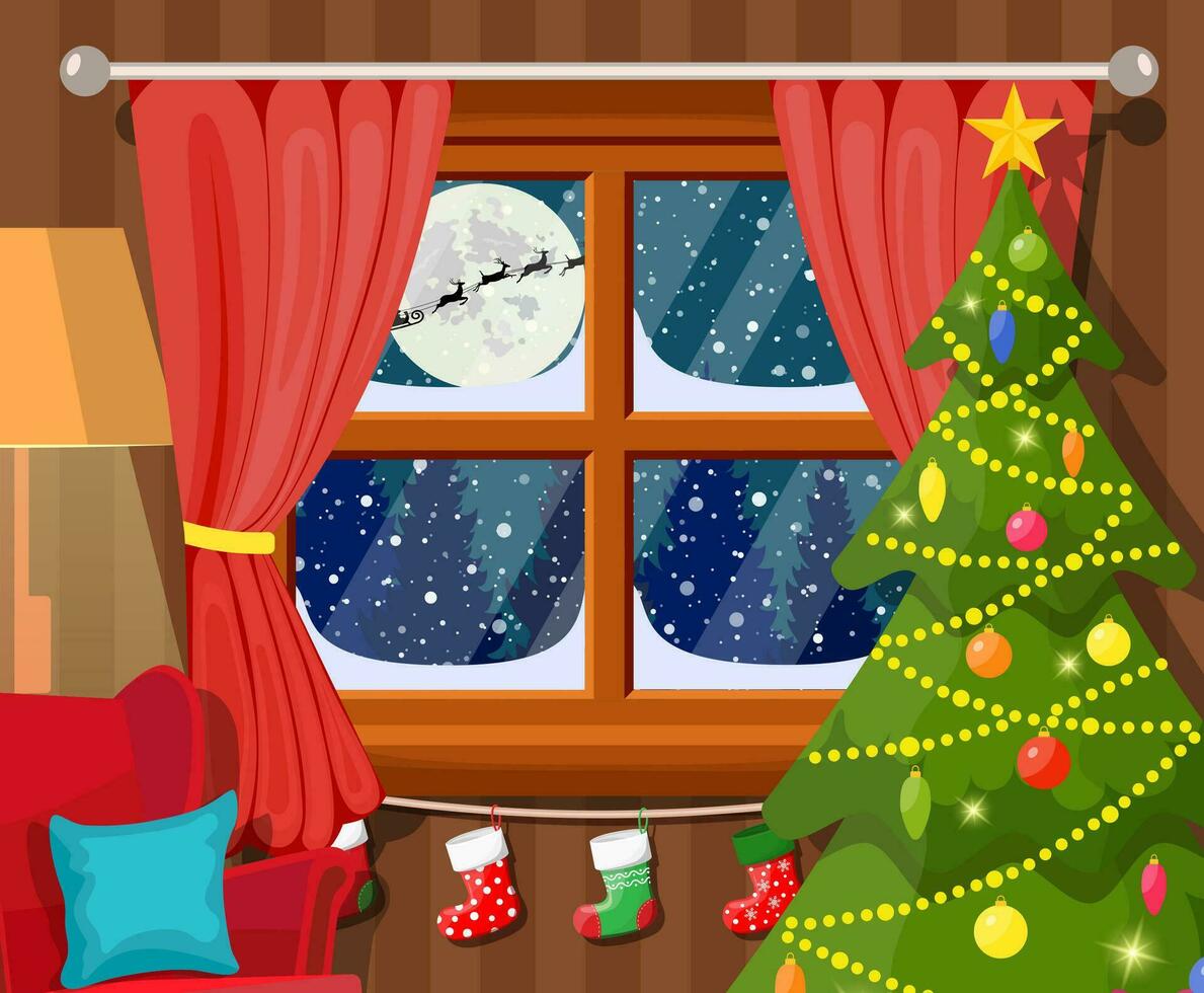 Papa Noel claus y su reno en ventana. interior de habitación con Navidad árbol. contento nuevo año decoración. alegre Navidad día festivo. nuevo año y Navidad celebracion. vector ilustración plano estilo