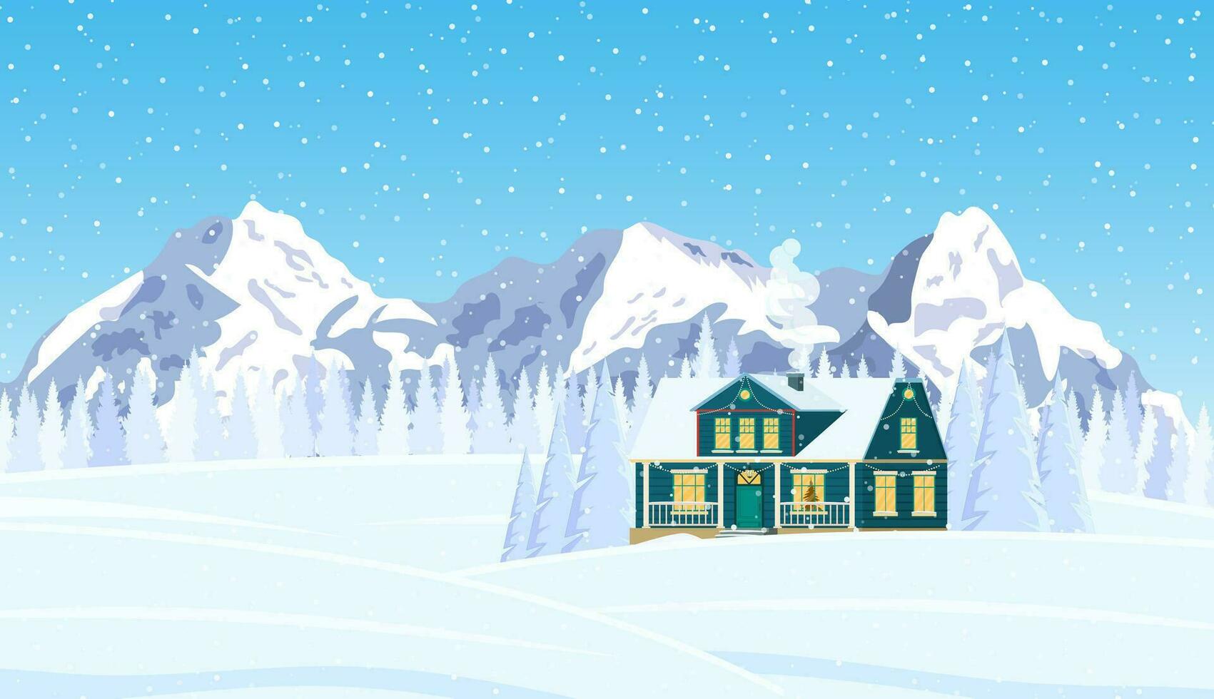 Decorated building for new year eve, home with lights and with fir tree prepared for christmas celebration. New year and xmas celebration. Vector illustration flat style