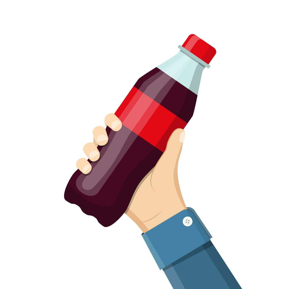 Bottle of soda hold in hand. Cola in plastic bottle. Vector illustration in flat style