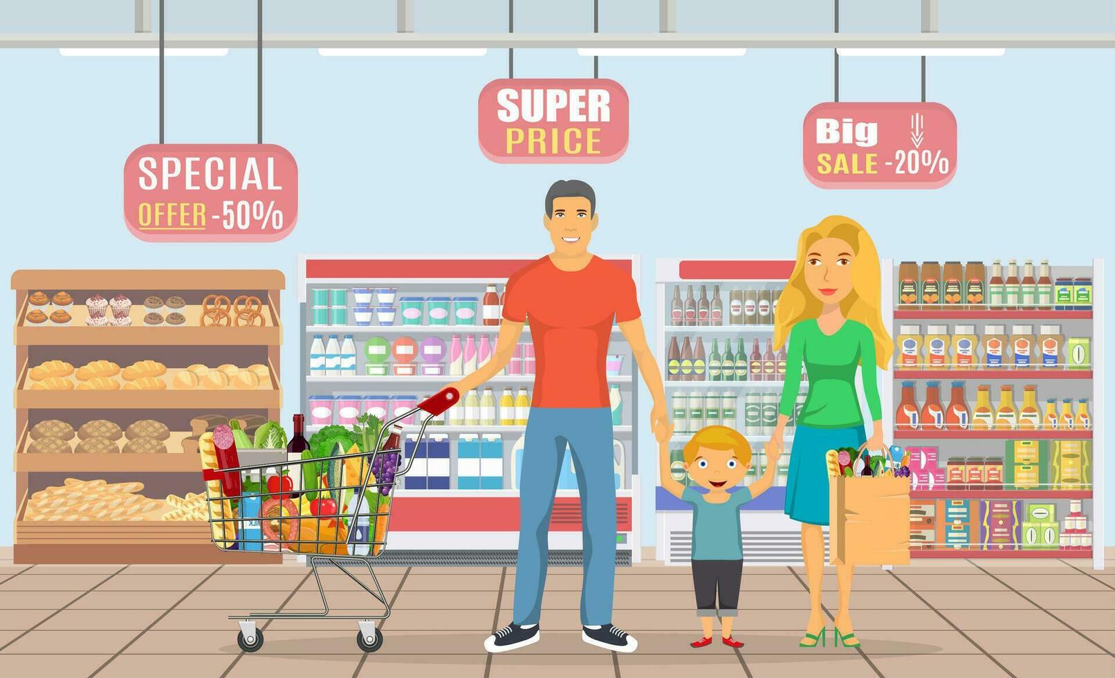 familia compras caracteres colocar, compras, aislado en blanco. grupo gente. centro comercial compras, en línea compras, sano comiendo, familia con comida desde el supermercado. vector ilustración en plano estilo