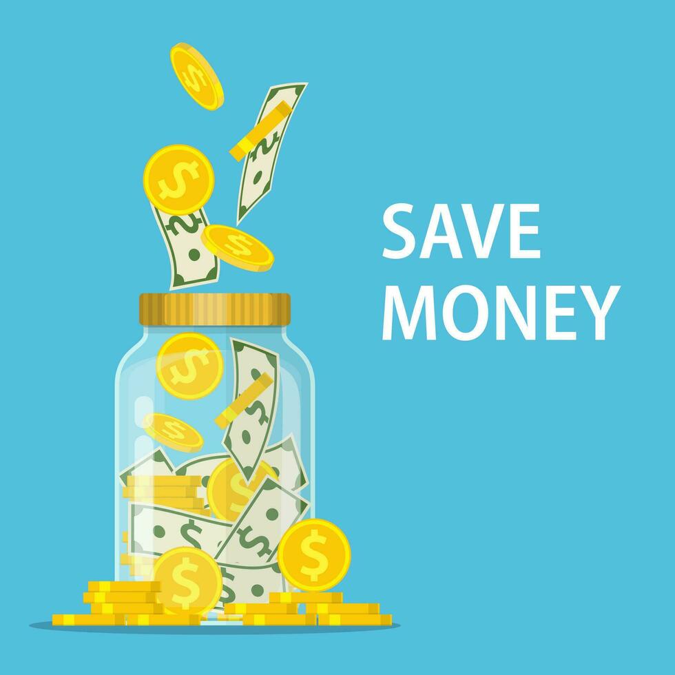 Money Jar. Saving dollar coin in jar.Save your money concept. Vector illustration in flat style