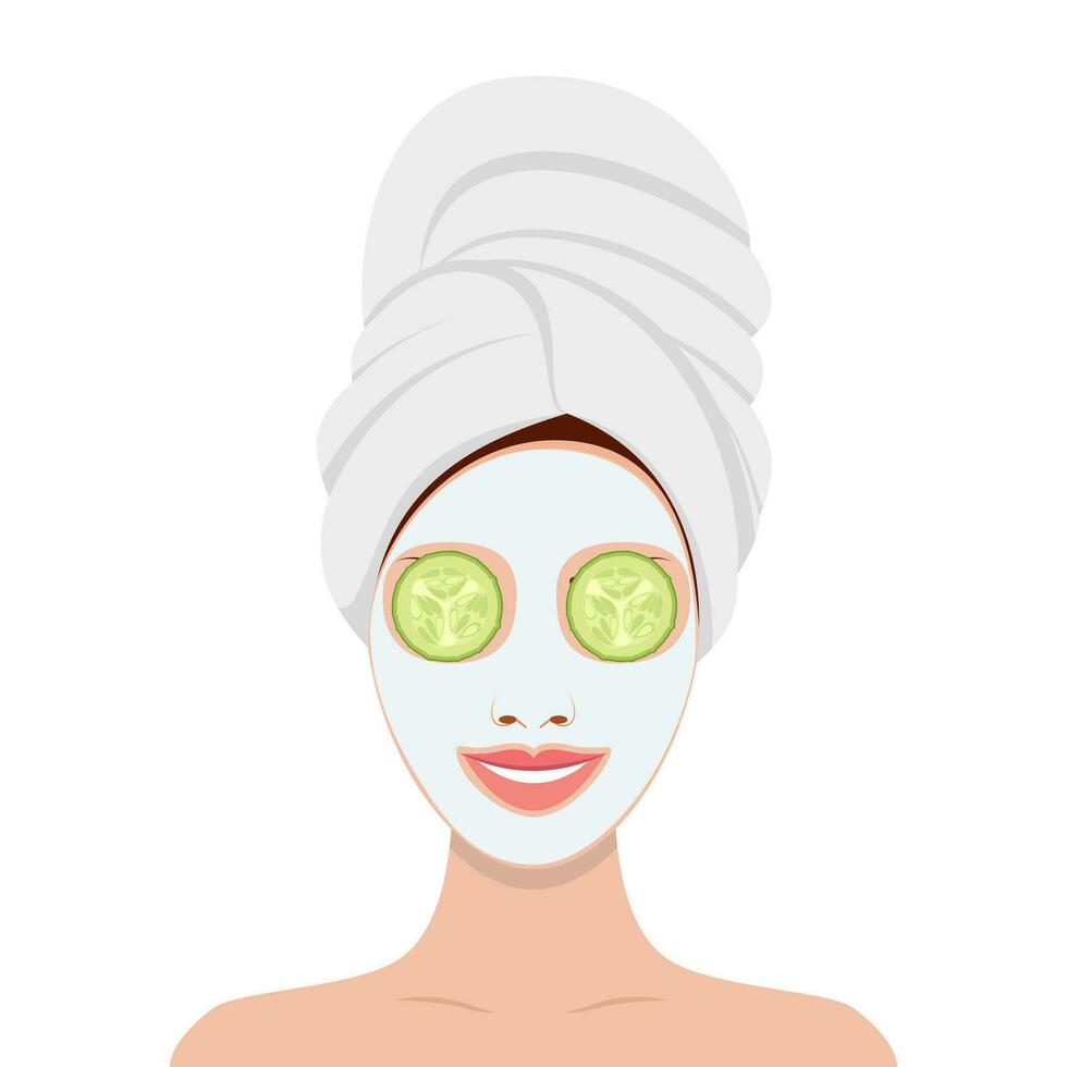 beautiful woman with facial mask of cucumber slices on face vector