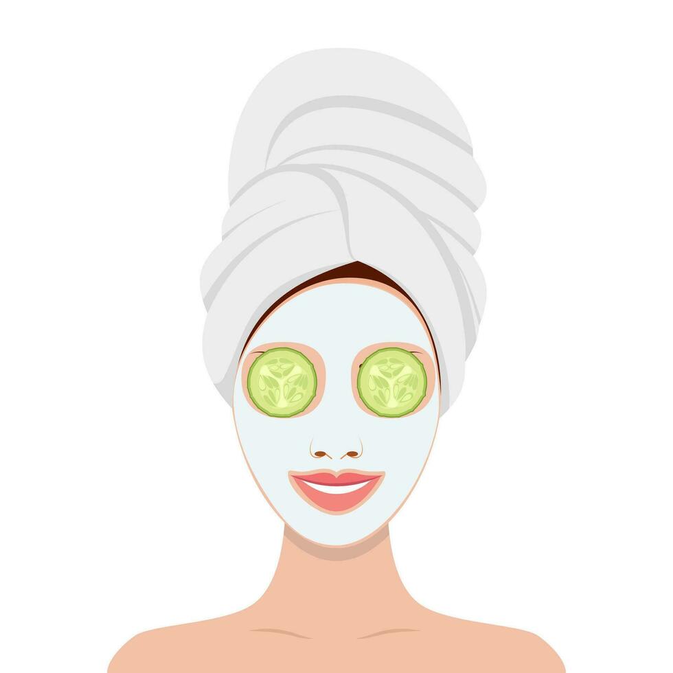 hermosa mujer con facial máscara de Pepino rebanadas en cara vector