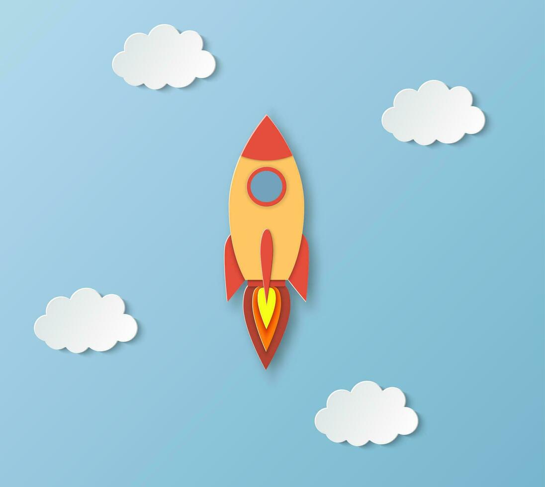 Rocket for startup business project. Paper cut startup poster template with space rocket. Concept business idea, startup, exploration. flyers, banners, posters and templates design. vector