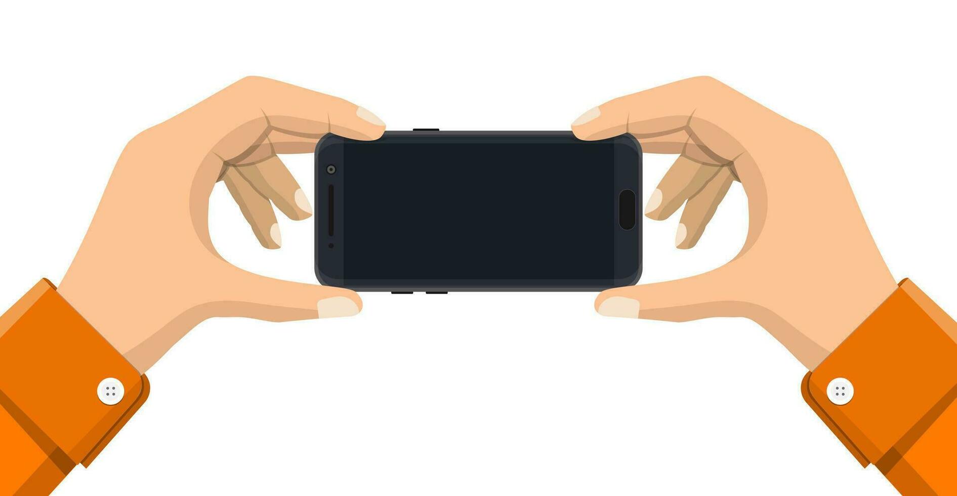 two hands holding mobile smartphone with black screen. Mobile photography concept. Isolated on white. illustration in flat style vector