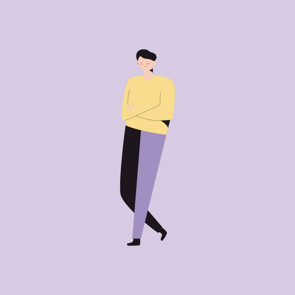 Young man standing with crossed arms. Vector illustration in flat style.